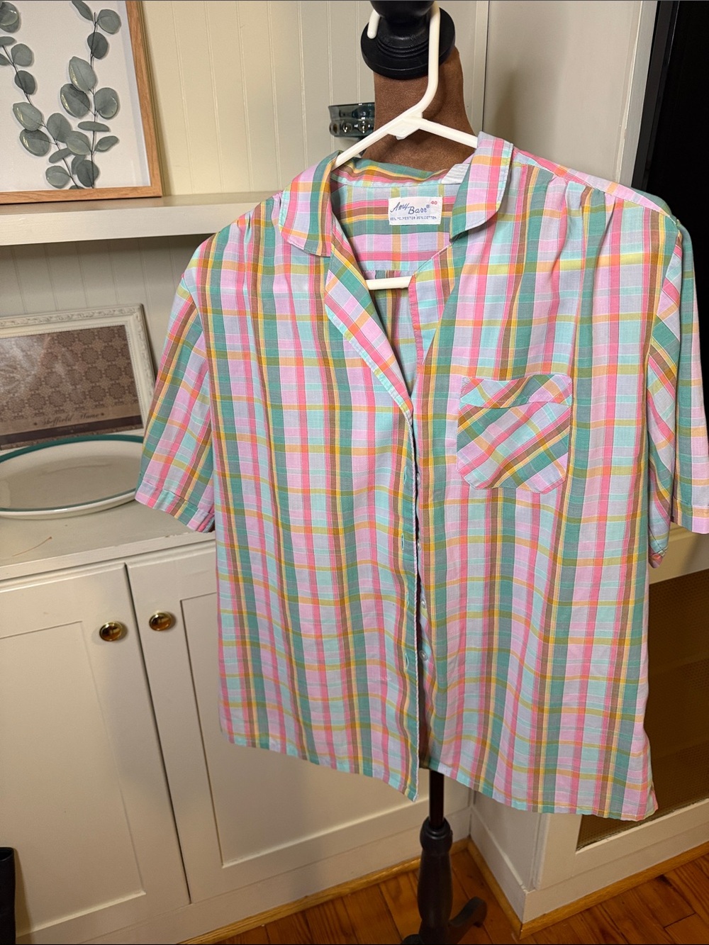 Vintage Pastel Plaid Short-Sleeve Shirt - Pink, Blue & Green